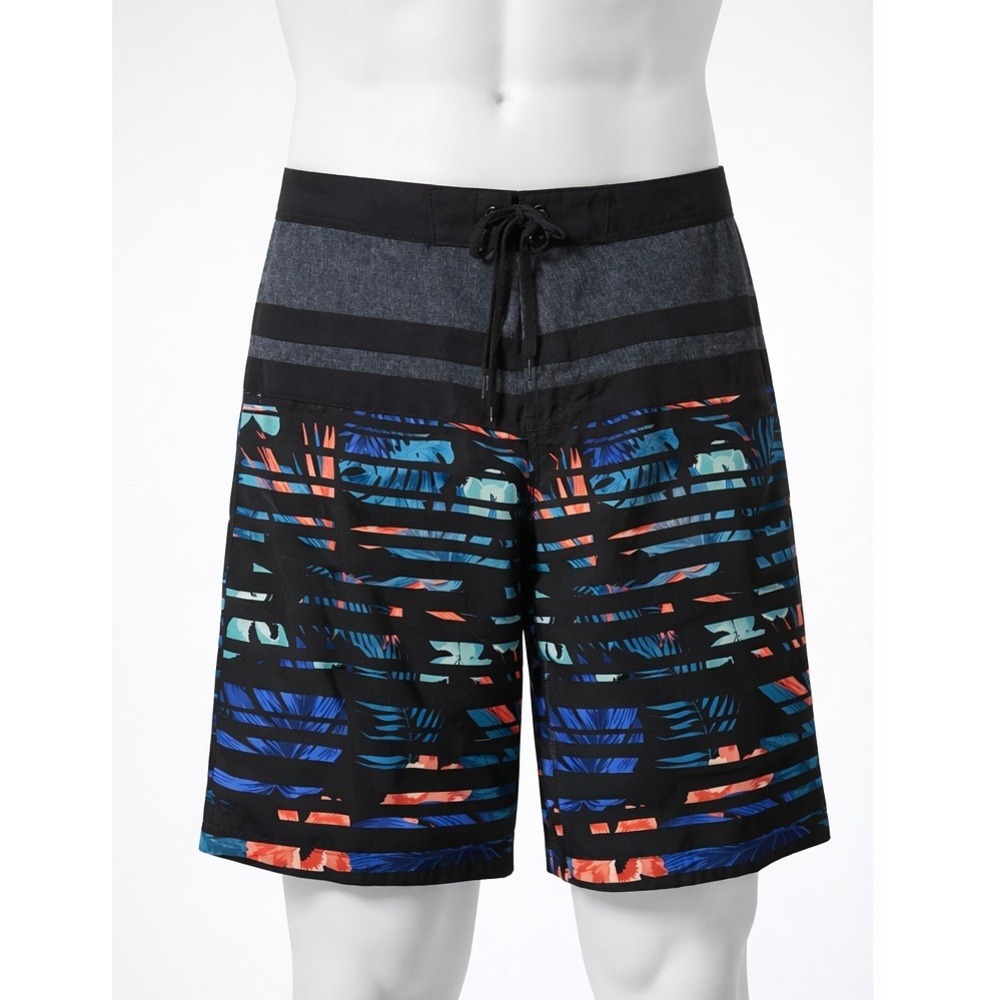 Burnside Mens Board Shorts 38 Swim Trunks Tropical Floral Striped Black Blue